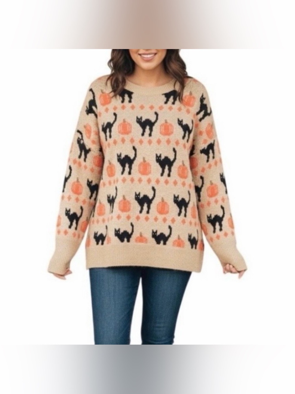 NWT Vince Camuto Tan Sweater with Black Cats and Orange Pumpkins Size Large